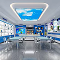Modern Educational Classroom With Blue Walls White Shelves Sky Ceiling And Display Items