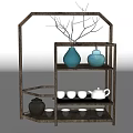 Wooden Chinese Antique Display Shelf With Blue Vase Light Blue Jar And Tea Sets