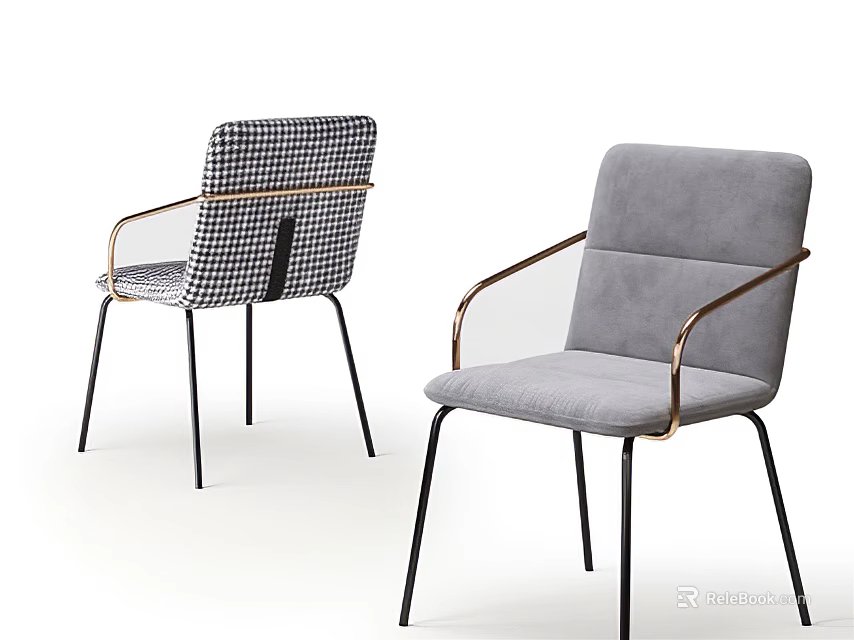 Two Stylish Accent Chairs With Checkered Pattern Gray Upholstery And Metal Armrests Black Legs 3d model 