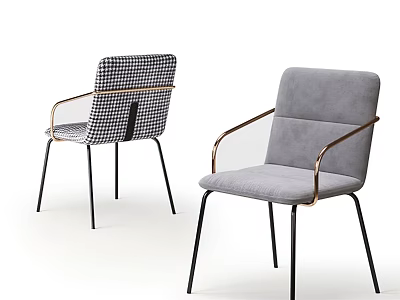 Two Stylish Accent Chairs With Checkered Pattern Gray Upholstery And Metal Armrests Black Legs 3d model