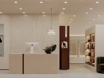 Modern Clothing Store Interior With Reception Desk Pendant Light Green Plants And Display Shelves 3d model