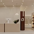 Modern Clothing Store Interior With Reception Desk Pendant Light Green Plants And Display Shelves