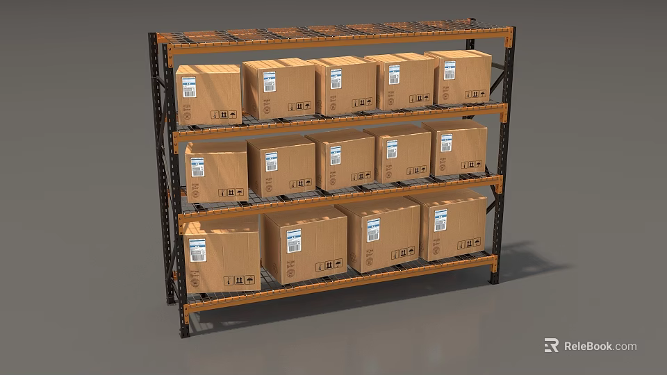 Industrial Display Shelves with Multiple Tiers Holding Stacked Cardboard Boxes for Organized Storage 3d model 