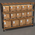 Industrial Display Shelves with Multiple Tiers Holding Stacked Cardboard Boxes for Organized Storage