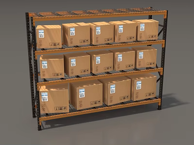 Industrial Display Shelves with Multiple Tiers Holding Stacked Cardboard Boxes for Organized Storage 3d model