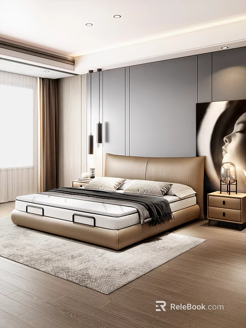 Modern Double Bed with Beige Headboard Nightstand Lamp in Modern Bedroom with Gray Accent Wall 3d model 