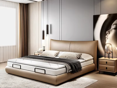 Modern Double Bed with Beige Headboard Nightstand Lamp in Modern Bedroom with Gray Accent Wall 3d model