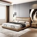 Modern Double Bed with Beige Headboard Nightstand Lamp in Modern Bedroom with Gray Accent Wall