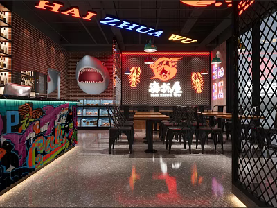 Modern Restaurant Interior With Neon Signage Graffiti Wall Brick Decor And Black Tables 3d model