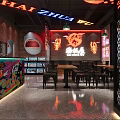 Modern Restaurant Interior With Neon Signage Graffiti Wall Brick Decor And Black Tables