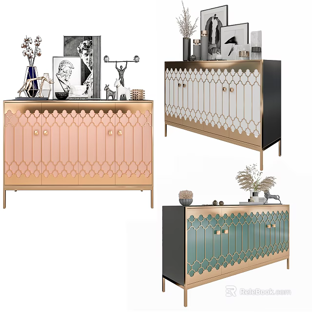 Elegant Modern Console Cabinet and Sideboard with Geometric Patterns and Decorative Items 3d model