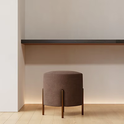 Round Upholstered Brown Stool with Metal Legs by Dark Shelf on Light Wall Wooden Floor 3d model