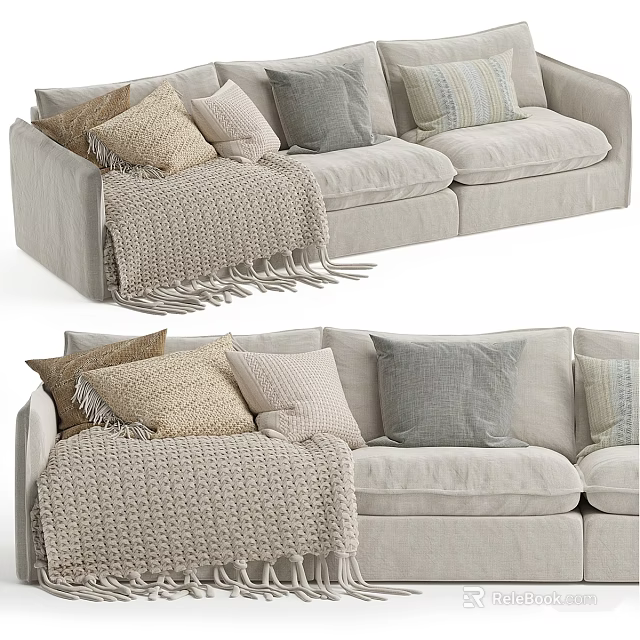 Light Colored Linen Sectional Sofa With Decorative Pillows And Knit Blanket 3d model 