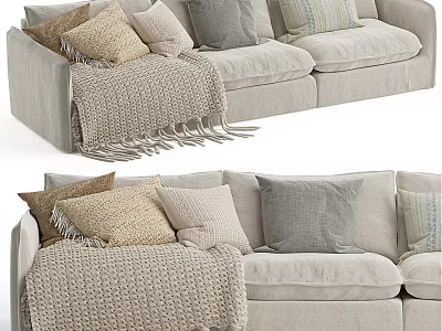 Light Colored Linen Sectional Sofa With Decorative Pillows And Knit Blanket 3d model