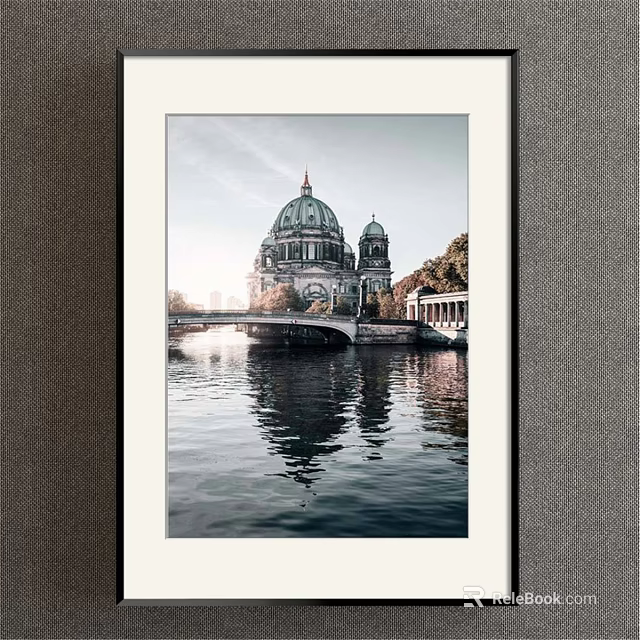 Scenic Landscape Painting Featuring Green Dome Building River Reflection Bridge Trees And Sky 3d model