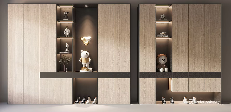 Modern Wooden Shoe Cabinet With LED Lighting Display Shelves And Decorative Figurines 3d model 