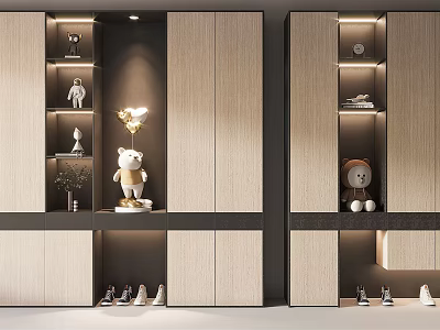 Modern Wooden Shoe Cabinet With LED Lighting Display Shelves And Decorative Figurines 3d model