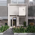 Chinese Style Storefront With White Wall Grid Design And Outdoor Green Plants