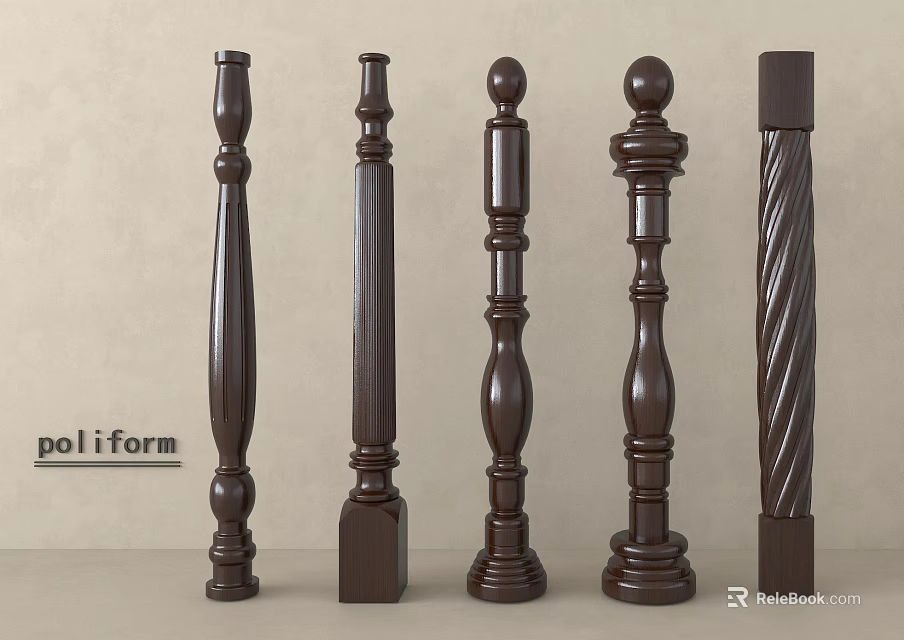 Poliform Elegant Dark Columns With Various Decorative Designs And Spiral Patterns 3d model 