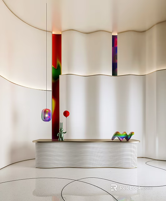 Modern Front Desk Reception With Curved Counter And Colorful Decorative Lights 3d model 