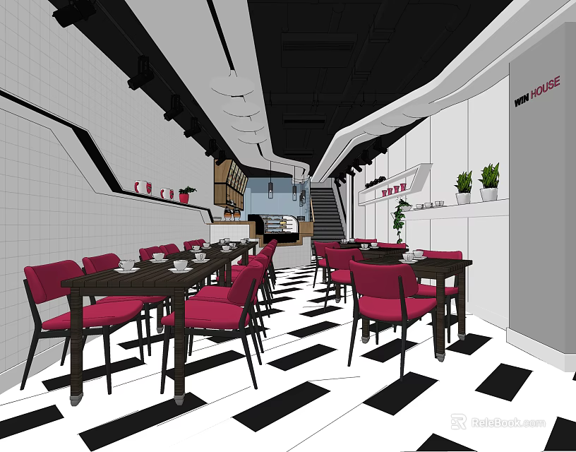 Dessert Shop Interior Design With Red Chairs Black Tables And Black White Floor 3d model 