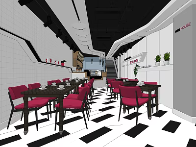 Dessert Shop Interior Design With Red Chairs Black Tables And Black White Floor 3d model
