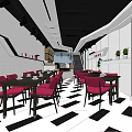 Dessert Shop Interior Design With Red Chairs Black Tables And Black White Floor