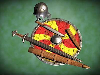 Medieval Weapons Collection With Red And Yellow Shield Helmet Sword Dagger And Spear 3d model