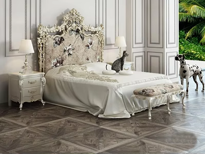 Luxurious Double Bed with Ornate Headboard White Linens Bedside Lamps and Footstool 3d model