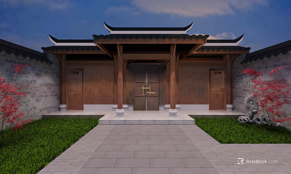 Traditional Chinese Entrance Design With Wooden Gate Tiled Roof And Stone Pathway 3d model 