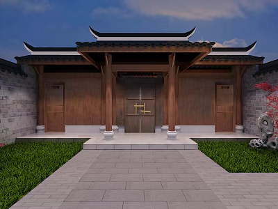Traditional Chinese Entrance Design With Wooden Gate Tiled Roof And Stone Pathway 3d model