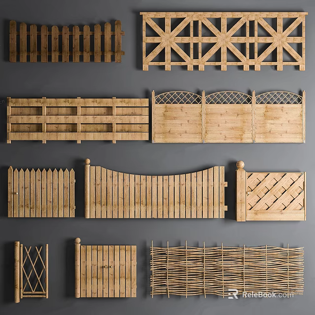 Various Wooden Fences With Decorative Designs Including Lattice Picket And Bamboo 3d model 