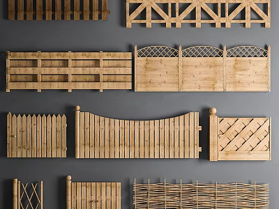 Various Wooden Fences With Decorative Designs Including Lattice Picket And Bamboo 3d model