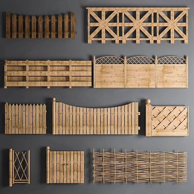 Various Wooden Fences With Decorative Designs Including Lattice Picket And Bamboo 3d model