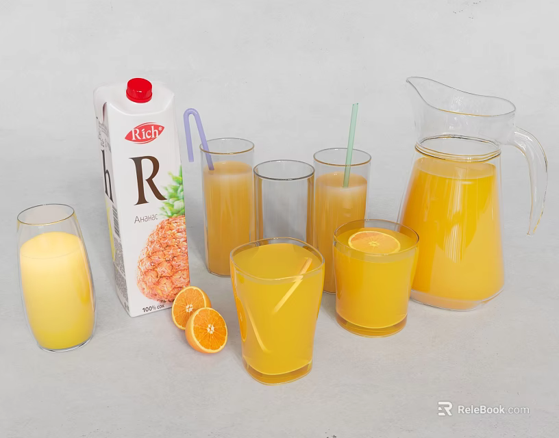 Orange Juice Carton With Glasses Pitcher And Fresh Orange Slices On Table 3d model 
