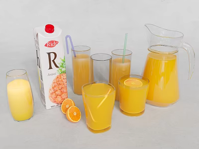 Orange Juice Carton With Glasses Pitcher And Fresh Orange Slices On Table 3d model