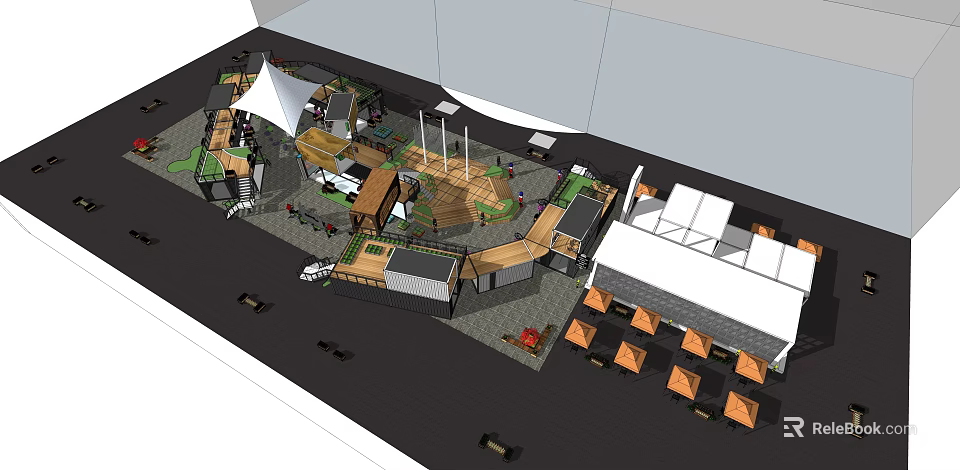 Modern Commercial Street Design With Outdoor Seating Pedestrian Walkway Pavilions And Landscaping 3d model 