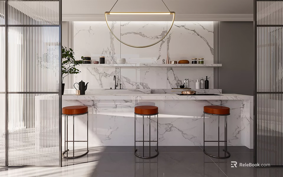 Modern Kitchen Interior With Marble Island Counter Brown Stools And Pendant Light 3d model