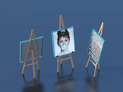 Three Wooden Easels Displaying Decorative Photo And Art Boards For Home Living 3d model