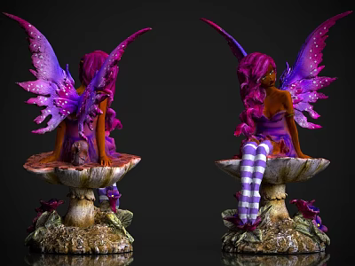 Fairy Sculpture With Purple Pink Wings Seated On Mushroom Base And Striped Socks 3d model