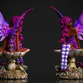 Fairy Sculpture With Purple Pink Wings Seated On Mushroom Base And Striped Socks