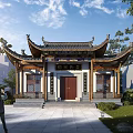 Ancient Chinese Architecture with Curved Roof Overhanging Eaves Wooden Door and Stone Steps