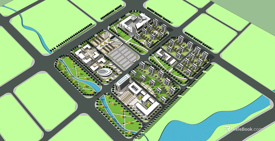 Aerial View Urban Planning With Buildings Green Spaces Road Networks And Water Features 3d model 
