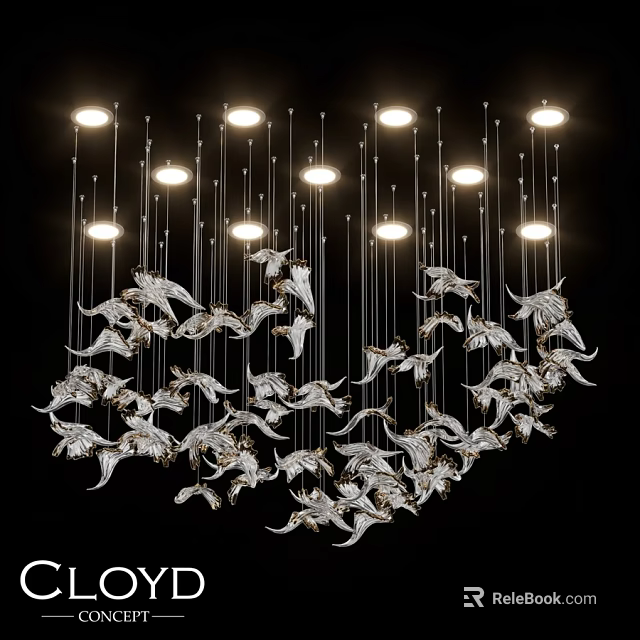 Modern Artistic Chandelier With Silver Decorative Elements Multiple Illuminated Bulbs Hanging On Black Background 3d model 