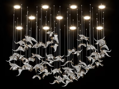 Modern Artistic Chandelier With Silver Decorative Elements Multiple Illuminated Bulbs Hanging On Black Background 3d model