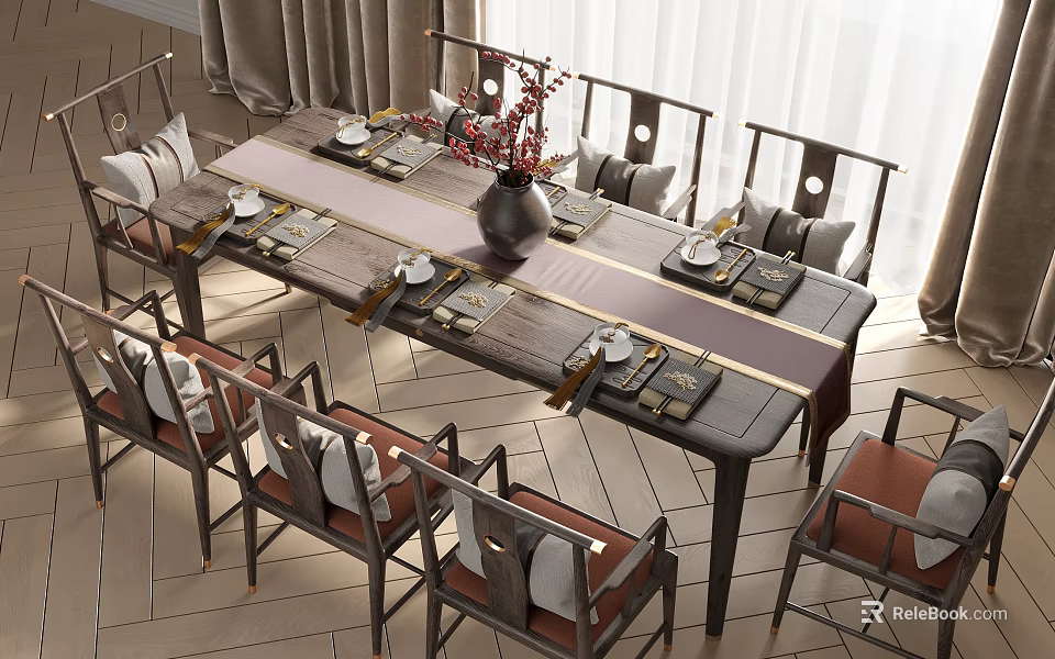 Elegant Dining Table Set With Multiple Chairs Decorative Vase And Table Runner 3d model