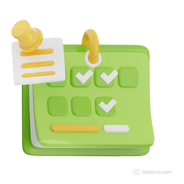 Green Calendar Themed Decorative Ornament Set With Note Pushpin And Check Marks 3d model 