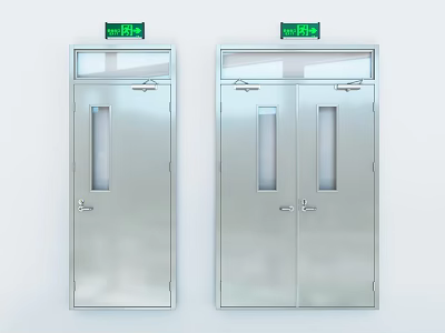 Stainless Steel Fire Doors With Glass Windows And Safety Exit Signs For Building Safety 3d model