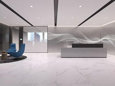 Modern Minimalist Office Reception Area With White Marble Floor And Comfortable Blue Lounge Chairs 3d model