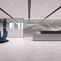 Modern Minimalist Office Reception Area With White Marble Floor And Comfortable Blue Lounge Chairs
